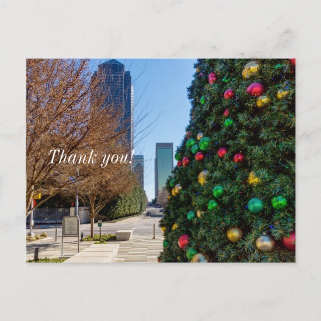 Postal Junto al árbol de Navidad de Dallas Gracias (Anverso)