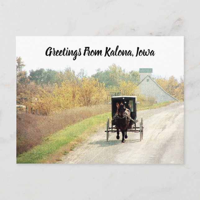 Postal Kalona, Caballo Amish y Buggy de otoño de Iowa (Anverso)