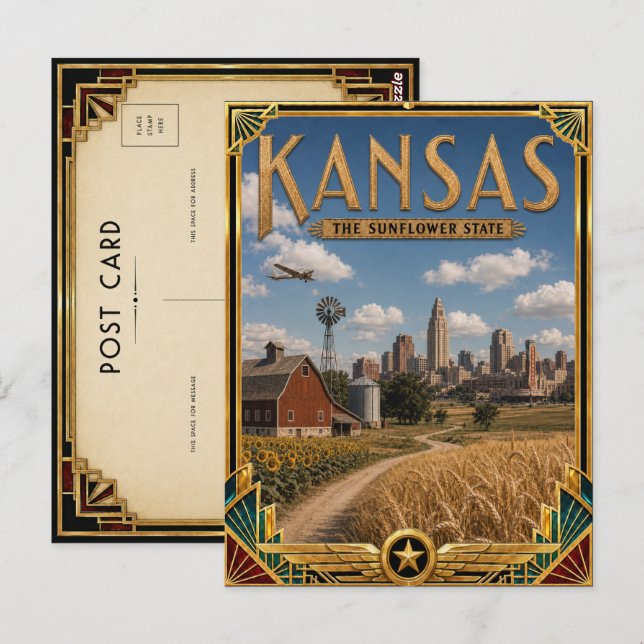 Postal Kansas Arte Deco Antiguo Edad de Oro (Anverso / Reverso)