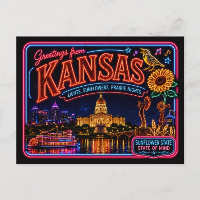 Postal Kansas Neon Estado Retro Vintage (Anverso)