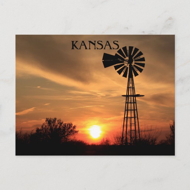 Postal Kansas Sunset con silueta de molino de viento (Anverso)