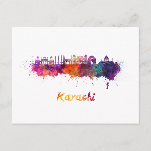 Postal Karachi skyline in watercolor (Anverso)