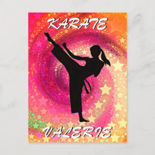 Postal Karate Chica Kick Stars y Swirls Retro
