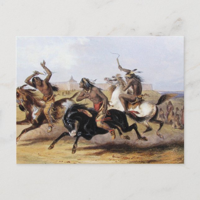 Postal Karl Bodmer - Carreras de caballos de Sioux (Anverso)