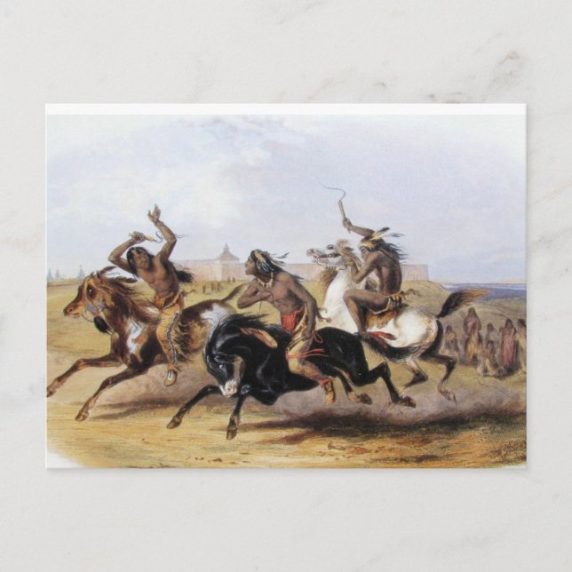 Postal Karl Bodmer - Carreras de caballos de Sioux (Anverso)