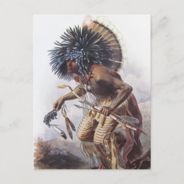Postal Karl Bodmer - Guerrero de Moennitarri haciendo dan (Anverso)