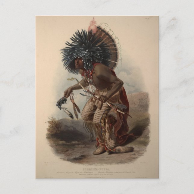 Postal Karl Bodmer-Minatarre Guerrero en traje de baile d (Anverso)