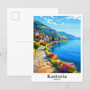 Postal Kastoria Grecia Ilustracion de Viajes de Arte Vint