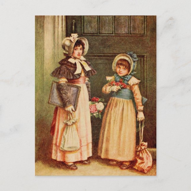 Postal Kate Greenaway: Dos chicas yendo a la escuela (Anverso)