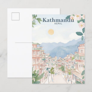 Postal Katmandú Nepal Gouache Paint Ilustracion Viaje