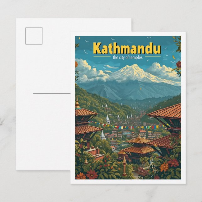 Postal Katmandú Nepal Ilustracion de viajes por arte vint (Anverso / Reverso)