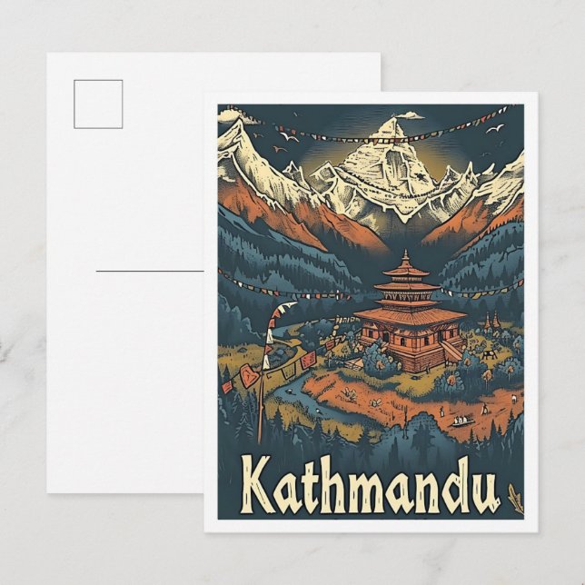 Postal Katmandú Nepal Ilustracion de viajes por arte vint (Anverso / Reverso)