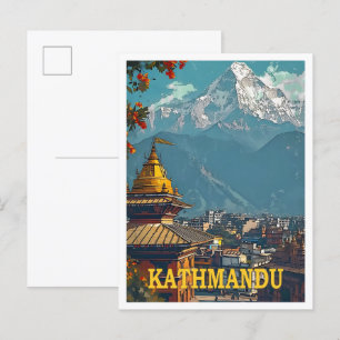 Postal Katmandú Nepal Ilustracion de viajes por arte vint