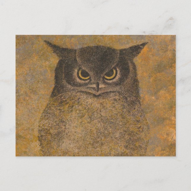 Postal Katsuda Yukio Owl Woodblock japonés (Anverso)