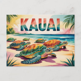 Postal Kauai Beach Turtles Illustration