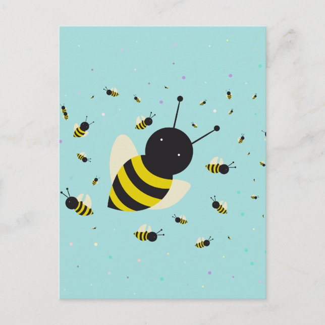 Postal kawaii bee swarm y polka dots azul pastel (Anverso)