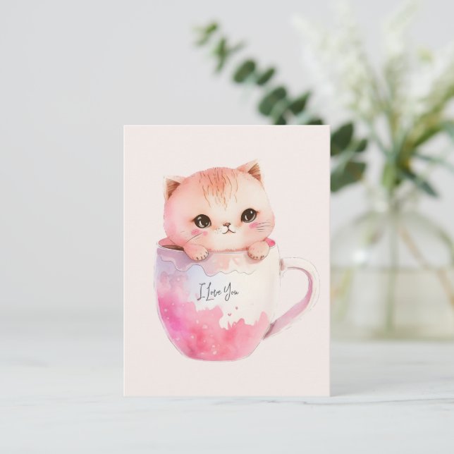 Postal Kawaii Blushing Pink Chibi Cat (Anverso de pie)