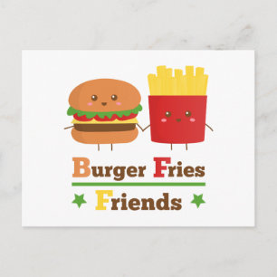 Postal Kawaii Cartoon Hamburguesa Patatas Fritas Amigos B