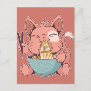 Postal Kawaii Cat Comiendo Ramen