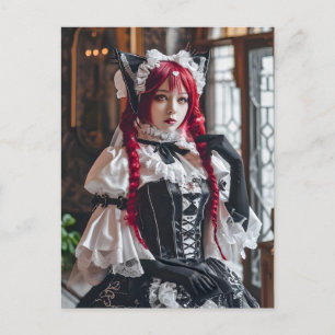 Postal Kawaii gótico con trenzas rojas