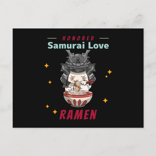 Postal Kawaii honró a un gato samurai comiendo a Ramen (Anverso)