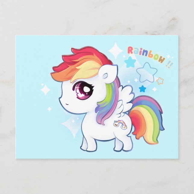 Postal Kawaii lindo poni arco iris con estrellas brillant (Anverso)
