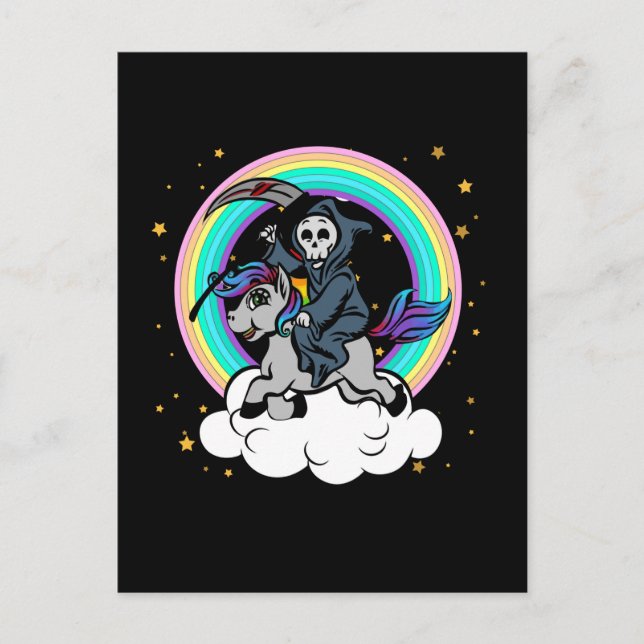 Postal Kawaii Rainbow Grim Reaper en Unicorn (Anverso)