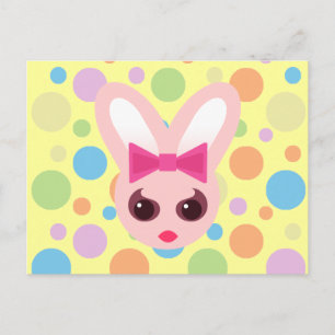 Postal Kawaii Sassy Bunny Pink Bow & Mod Dots