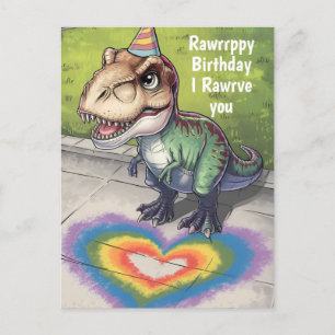 Postal Kawaii trex arcoíris corazón en la acera