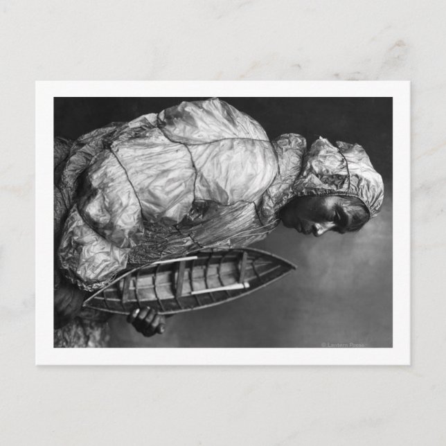 Postal Kayaker con chaqueta a prueba de agua con barco de (Anverso)