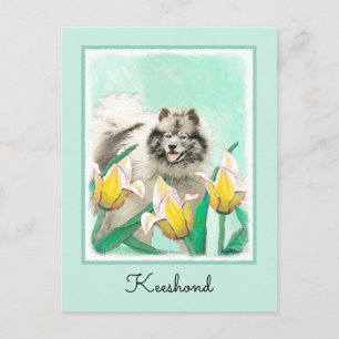 Postal Keeshond en tulipanes pintando arte original del p
