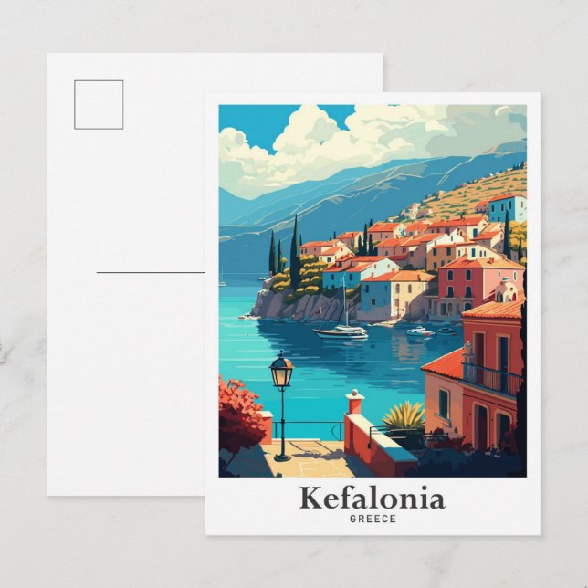 Postal Kefalonia Grecia Ilustracion de viajes de arte (Anverso / Reverso)