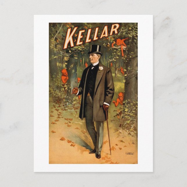 Postal Kellar el mago con demonios - anuncio de época (Anverso)