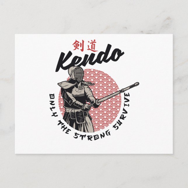 Postal Kendo japonés retro - Sólo sobreviven los fuertes (Anverso)