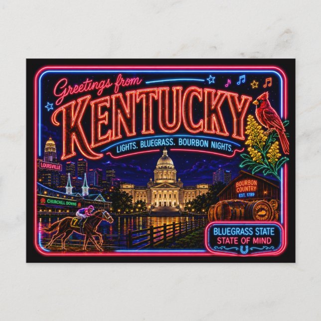 Postal Kentucky Neon Estado Retro Vintage (Anverso)