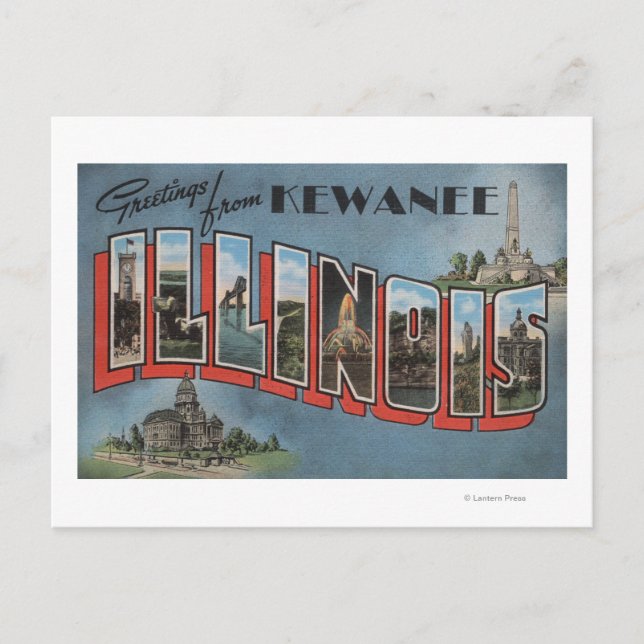 Postal Kewanee, Illinois - Escenas de letras grandes (Anverso)