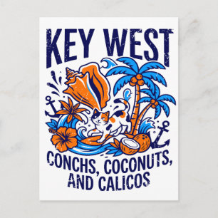 Postal Key West Florida Tropical Gatos Caracoles Y Cocos