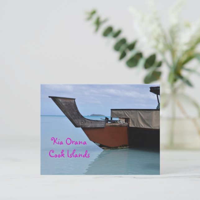 Postal Kia Orana Polynesian Beach y Vaka (Anverso de pie)