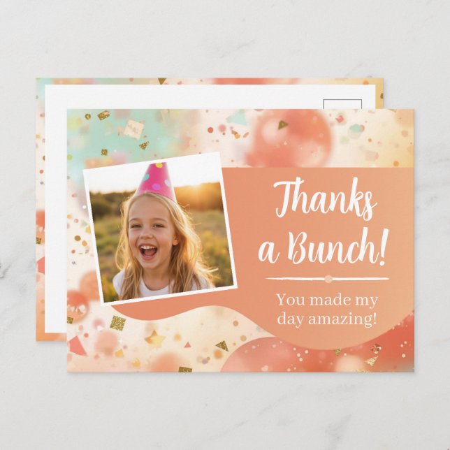 Postal Kids Birthday Photo Thanks a Bunch Pastel Confetti (Anverso / Reverso)