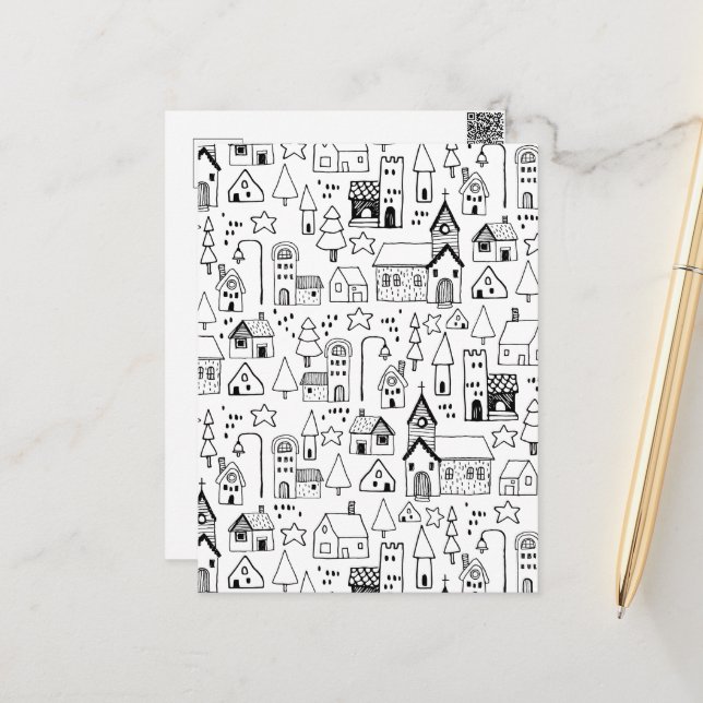 Postal Kids Xmas Village Whimsical Black & White Invitan (Anverso/Reverso In Situ)