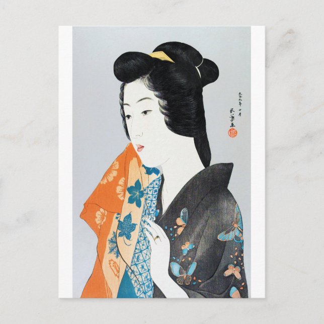 Postal Kimono con patrones de mariposa, Goyō Hashiguchi (Anverso)