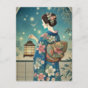 Postal kimono de verano y luciérnagas
