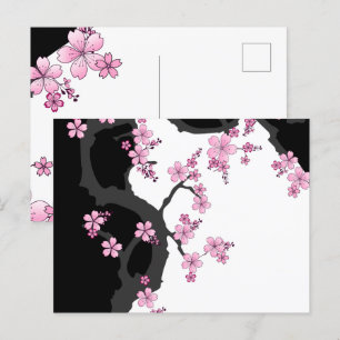 Postal Kimono japonés Sakura negro y rosa blanco