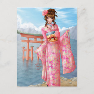 Postal Kimono rosa japonés