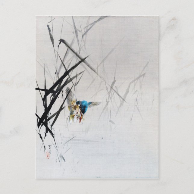 Postal Kingfisher capturando peces entre carrizos, Seitei