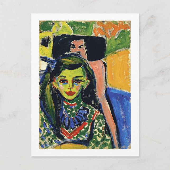 Postal Kirchner Fränzi frente a la silla tallada (Anverso)