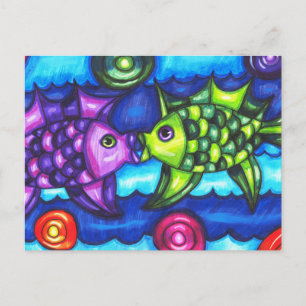 Postal Kissy Fish arte caprichoso y colorido de los anima