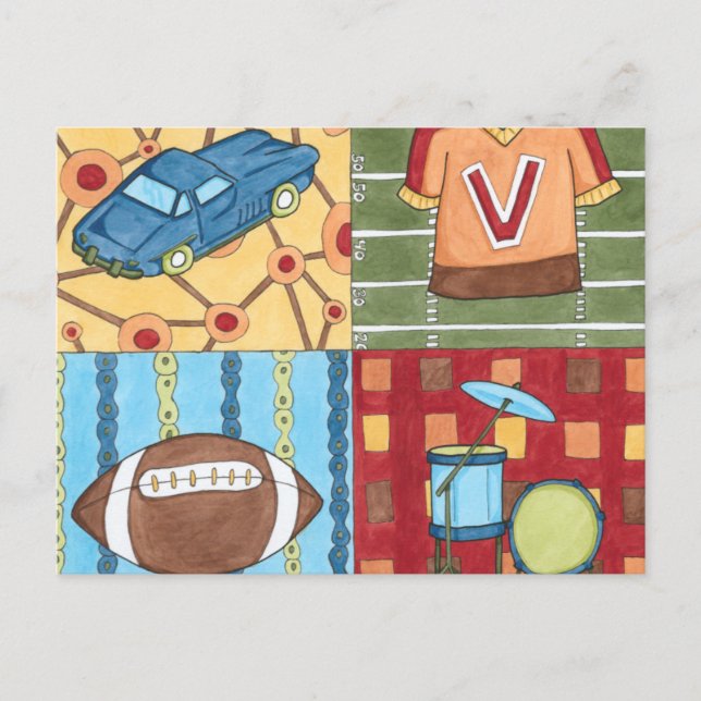 Postal Kit de coches, Jersey, fútbol y tambores (Anverso)