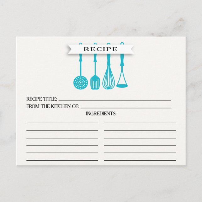 Postal Kitchen Blue Utensils Bridal Shower Recetales (Anverso)