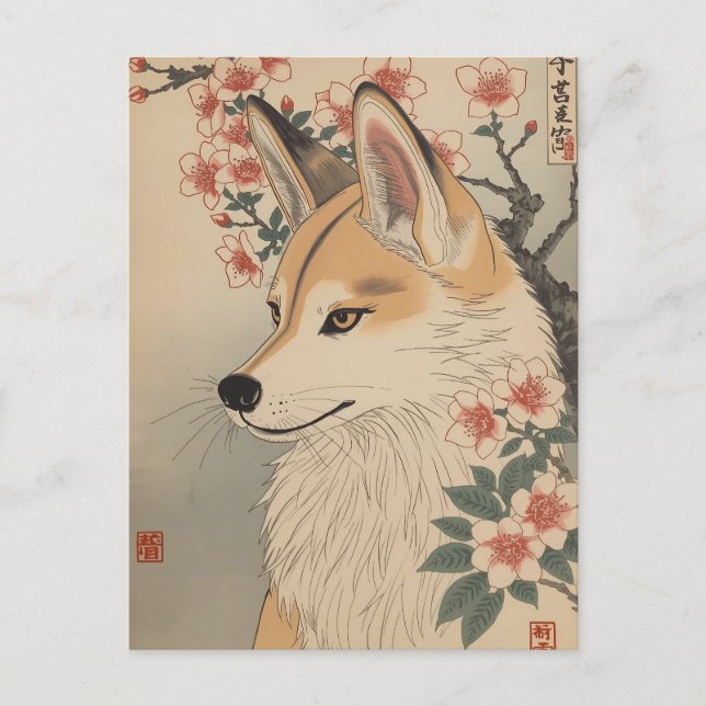 Postal Kitsune & cherry blossom (Anverso)